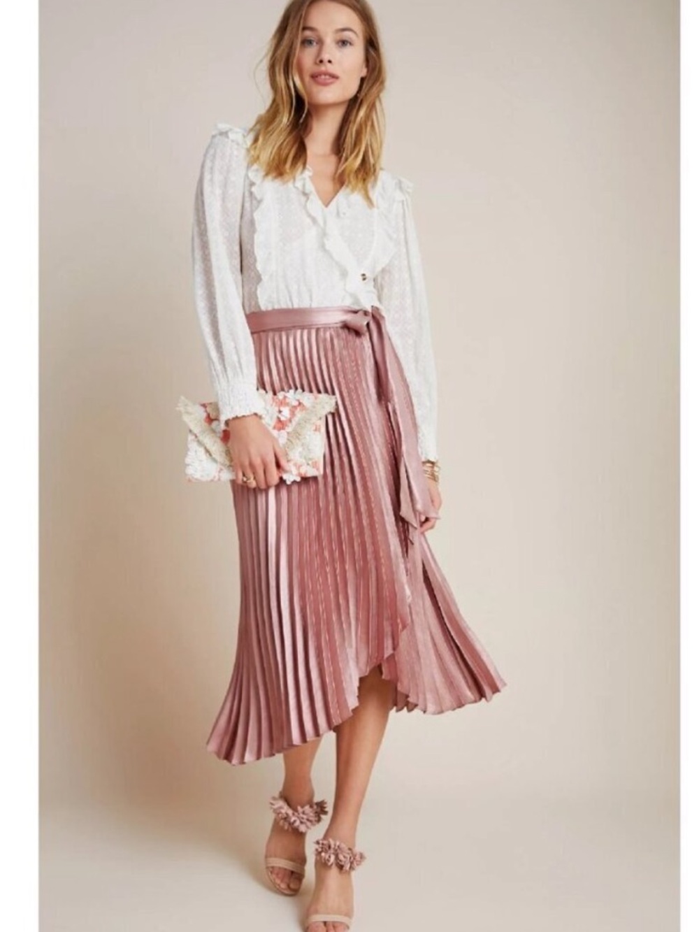 Anthropologie Maeve rose paulina pleated tie waist midi skirt 12 NWT